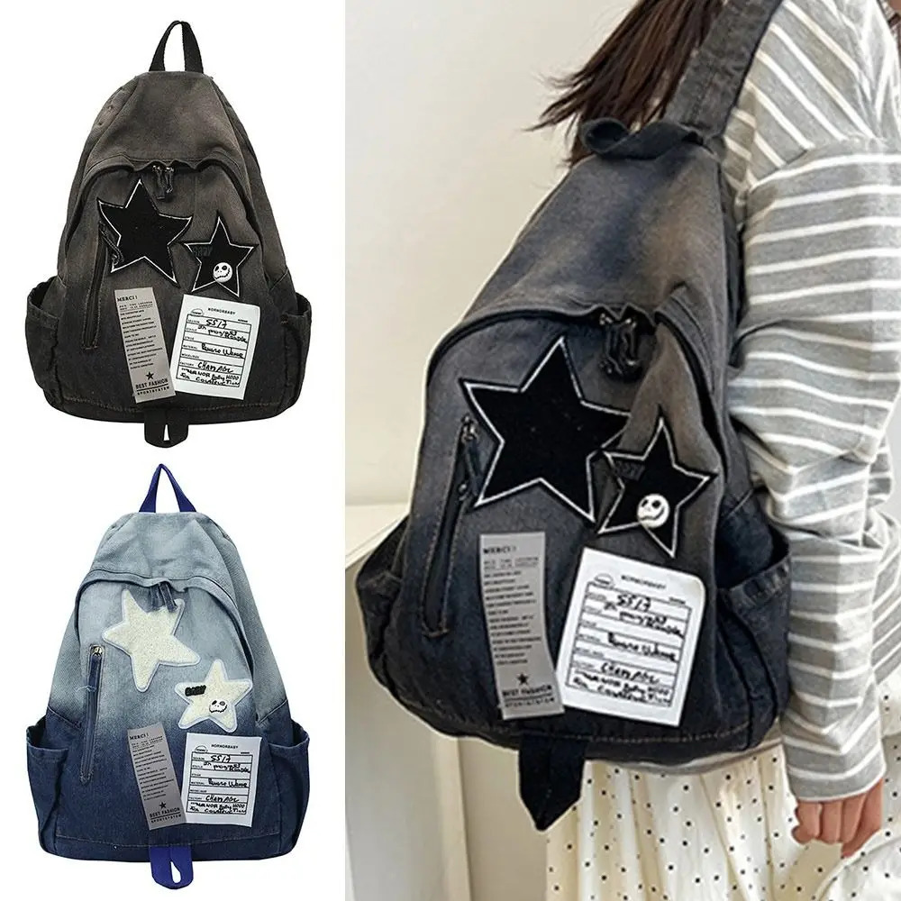 Fashion Large Capacity Denim Star Backpack Y2K All Match Double Shoulder Bag Unisex Star Pattern School Backpack Outdoor 250514