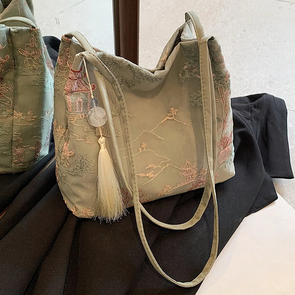 Women Ancient Style Shoulder Bag Large Capacity Simple Carrying Bag with Tassel Pendant Chinese Style Tote Bag Shopping Bag 250516