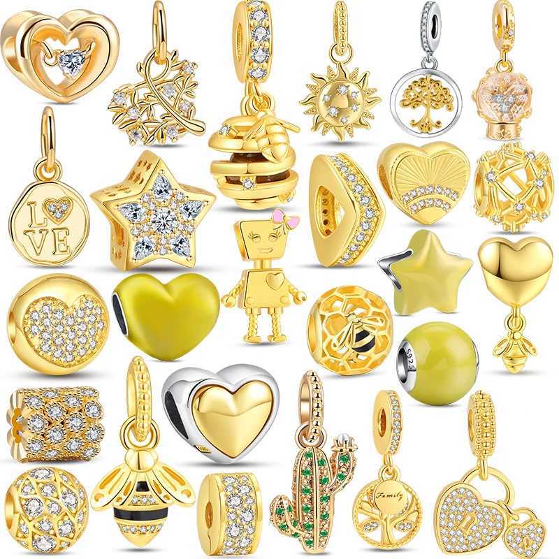 Fine Sparkling Plated Gold Series Dangle Charm Bead 925 Sterling Silver Fit Original Pantaro Bracelet DIY Jewelry Gift For WomenXJ250517
