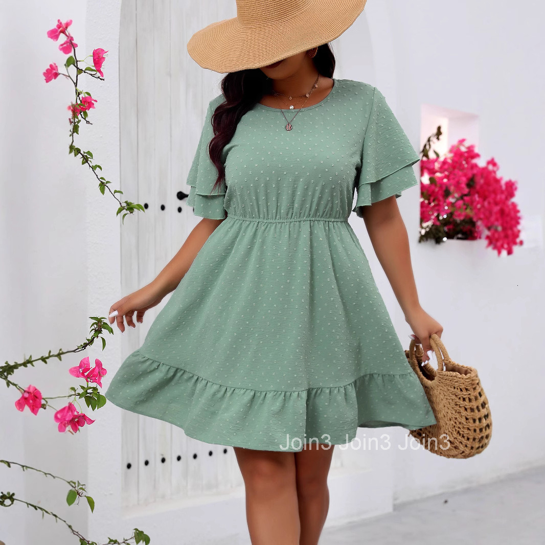 Large Casual Small Ball Round Neck Double Layered Lotus Leaf Sleeve Dress