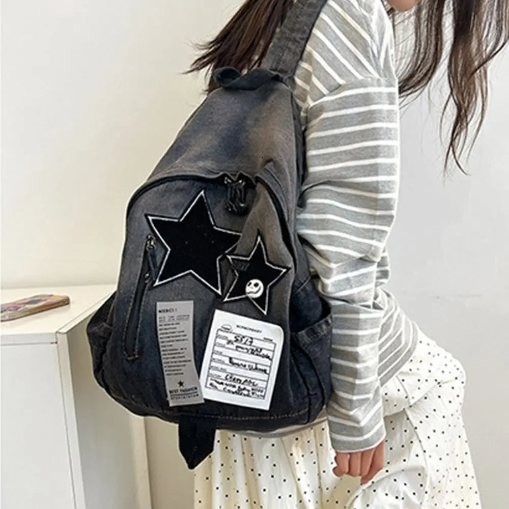 Fashion Large Capacity Denim Star Backpack Y2K All Match Double Shoulder Bag Unisex Star Pattern School Backpack Outdoor 250514