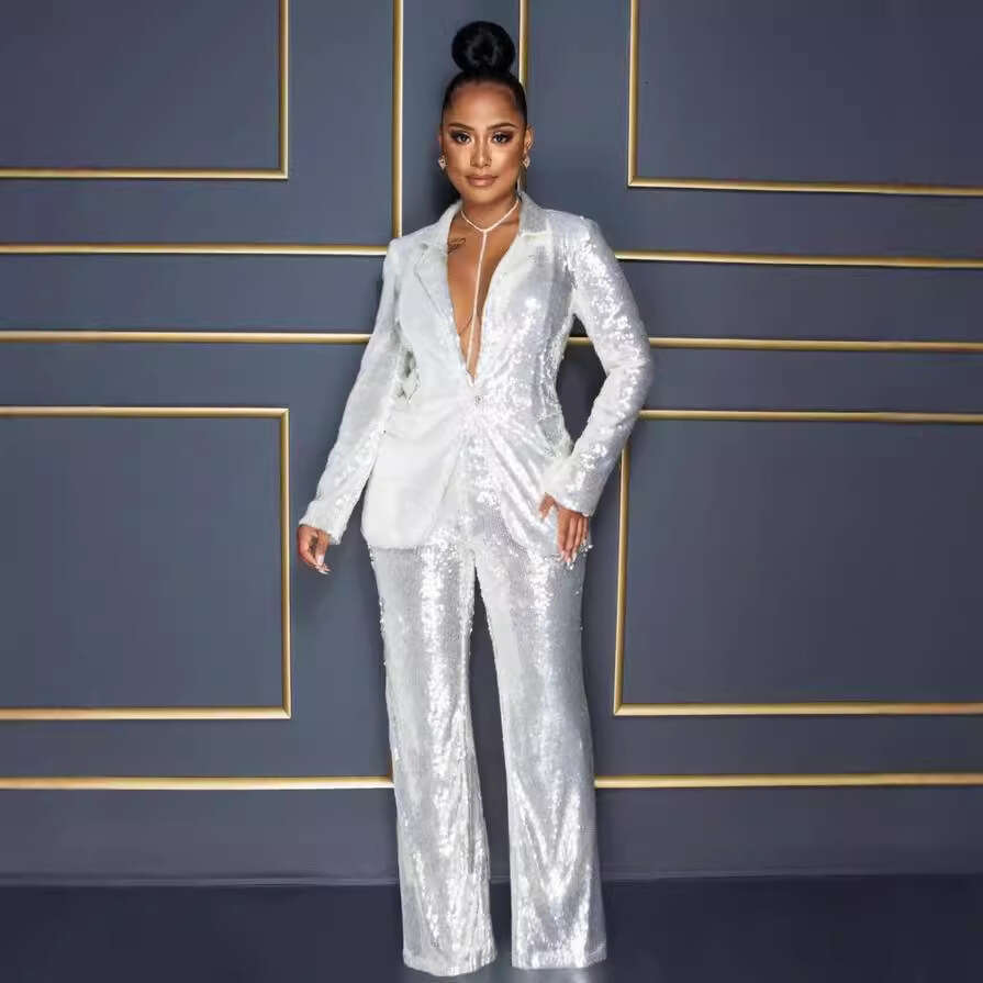 Wide Leg Jumpsuit Summer New Women S Long Sleeved V Neck Sequined Jumpsuit Two Piece Set