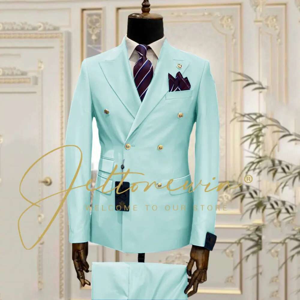 Slim Fit Male Suits 2 Pieces Peak Lapel Double Breasted Wedding Tuxedos Groom Business Wear Best Man (Blazer+Vest) Costume Homme Designer