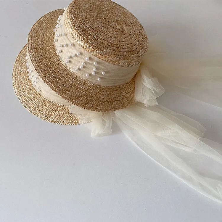 Elegant Fashion Mother Daughter Sunhats Lace Mesh Pearls Hat Cap Outdoor Beach Sunprotection Summer Straw Hat for Adult and Girl 250516