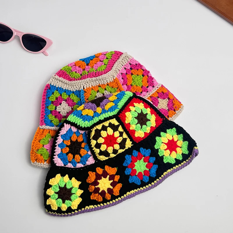 Handmade Crochet Bucket Hat Women Autumn Winter Flower Knit Beanies INS Korean Casual Beanies Panama Cap Fisherman Hat 250516