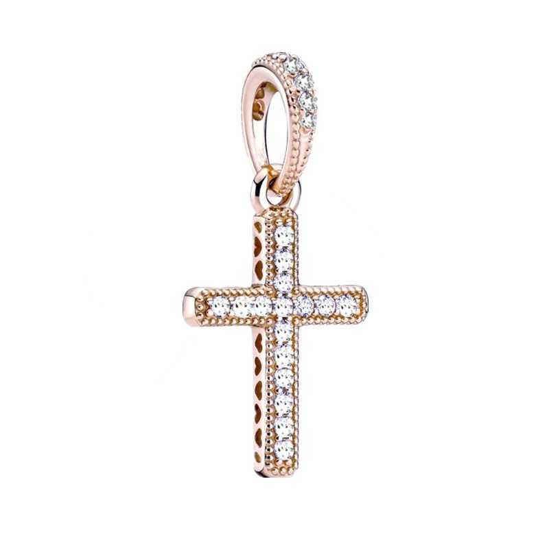 Exquisite Sparkling Golden Rose Gold Cross Pendant Charm Bead Fit Original Silver 925 Bracelet Necklace DIY Jewelry GiftXJ250517