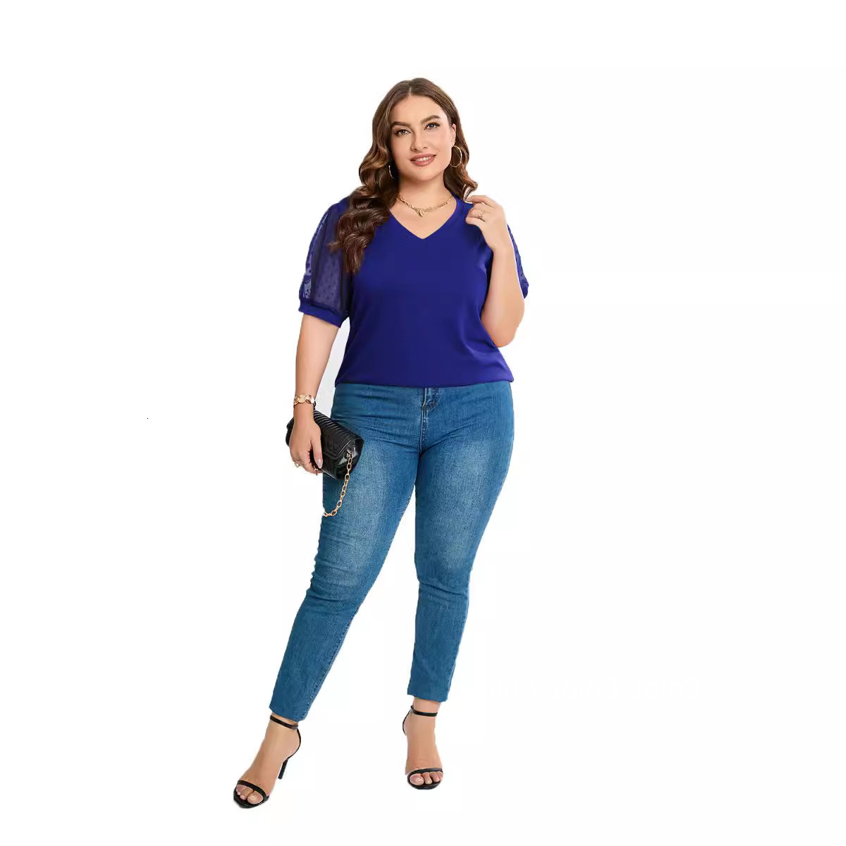 Womens Small Wool Ball Net Gauze Fluffy Short Sleeved Bubble Sleeved V-neck Solid Color T-shirt for Women