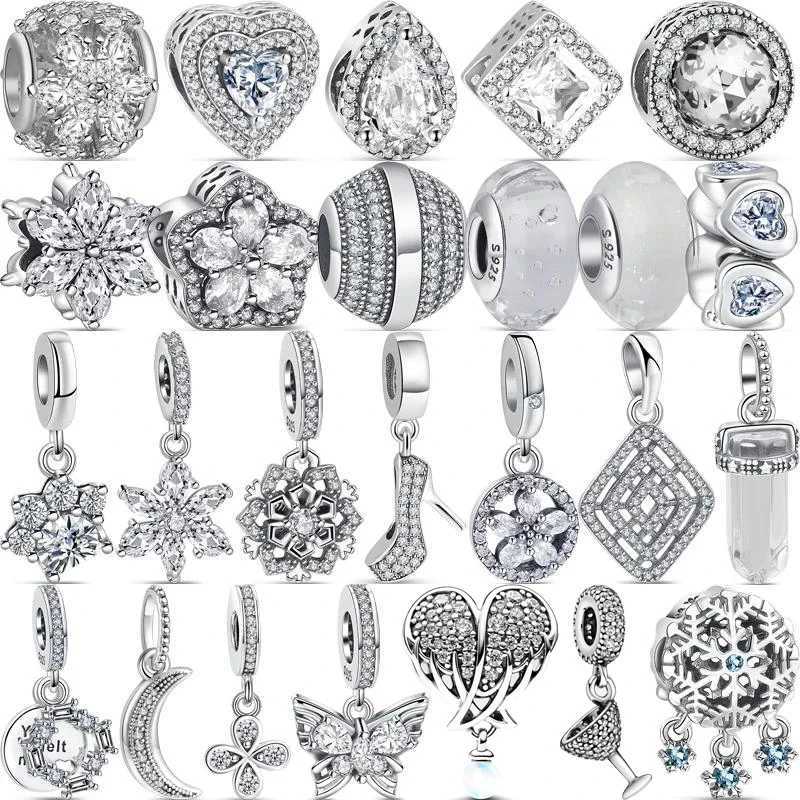 925 Silver Clear Zircon Snowflake Hearium Angel Wings Heart Sparkling Beads Fit Original Pantaro Charms Bracelet DIY JewelryXJ250517