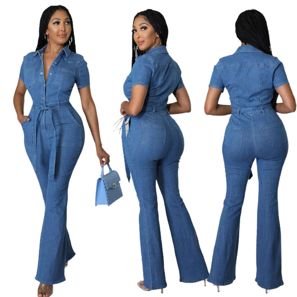 3547 new sexy and fashionable short sleeved denim jumpsuit flared pants
