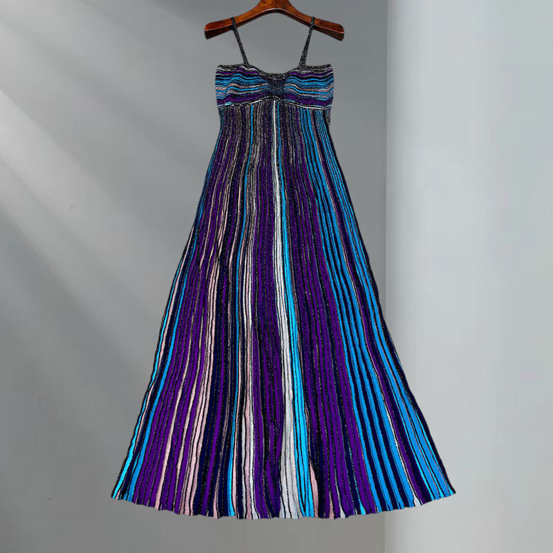 Summer Women's Gradient Striped Camisole Dress Two Colors Elegant Waist-Defining Sleeveless Maxi Gown New Arrival Fashion Classic Luxury Clothes 