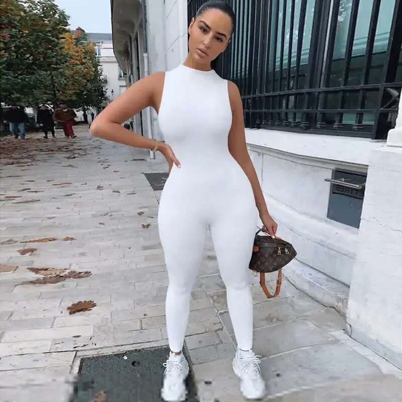 women elastic hight jumpsuits One Piece casual Bodycon Bodysuit fiess sporty rompers sleeveless zipper activewear skinny summer Elegant outfit