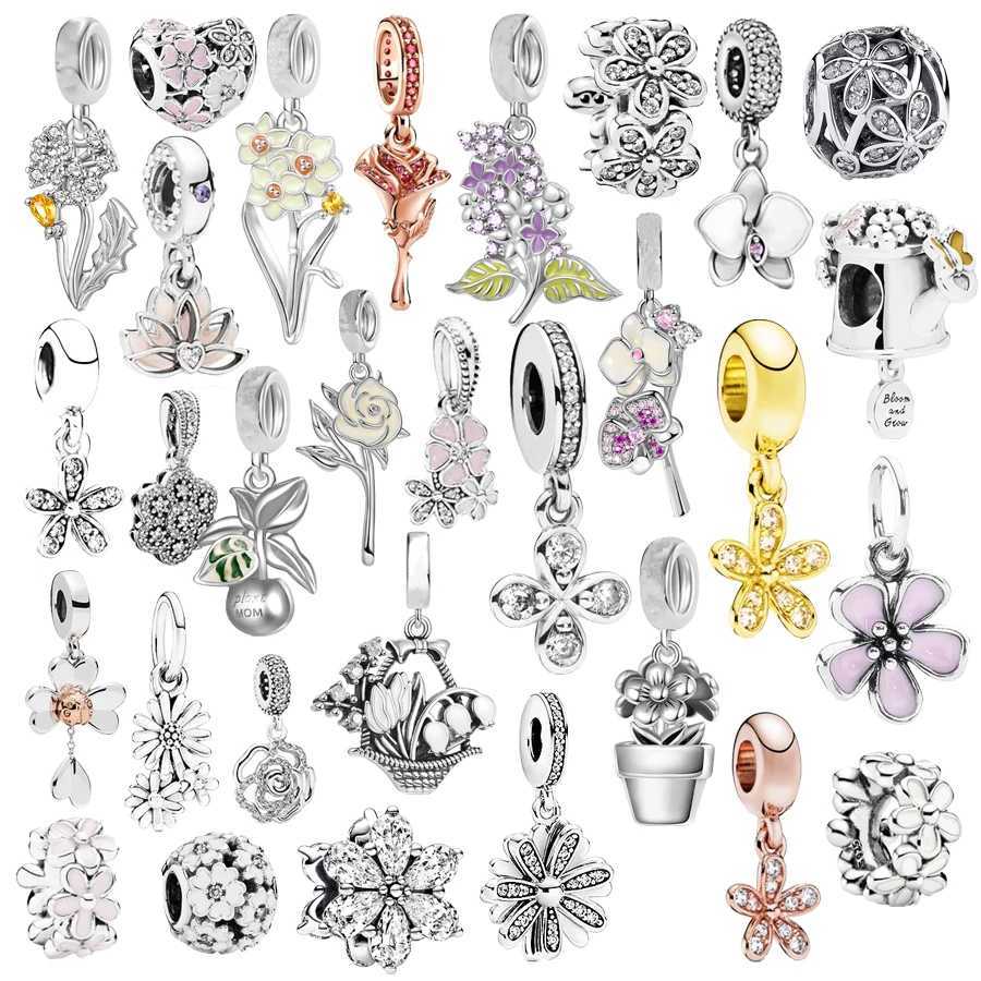 New Moth Orchid Charm Bead Dandelion Blossom Rose Daisy Flower Dangle Fit Original 925 Sterling Silver Bracelet DIY Jewelry GiftXJ250517