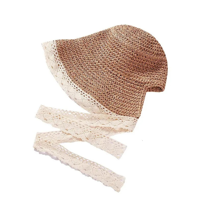 Summer Hats for Women Beach Lace Sun Hat Ribbon Holiday Beach Straw Paper Lady Outdoor Travel Cap Women Bucket Hat Foldable 250516