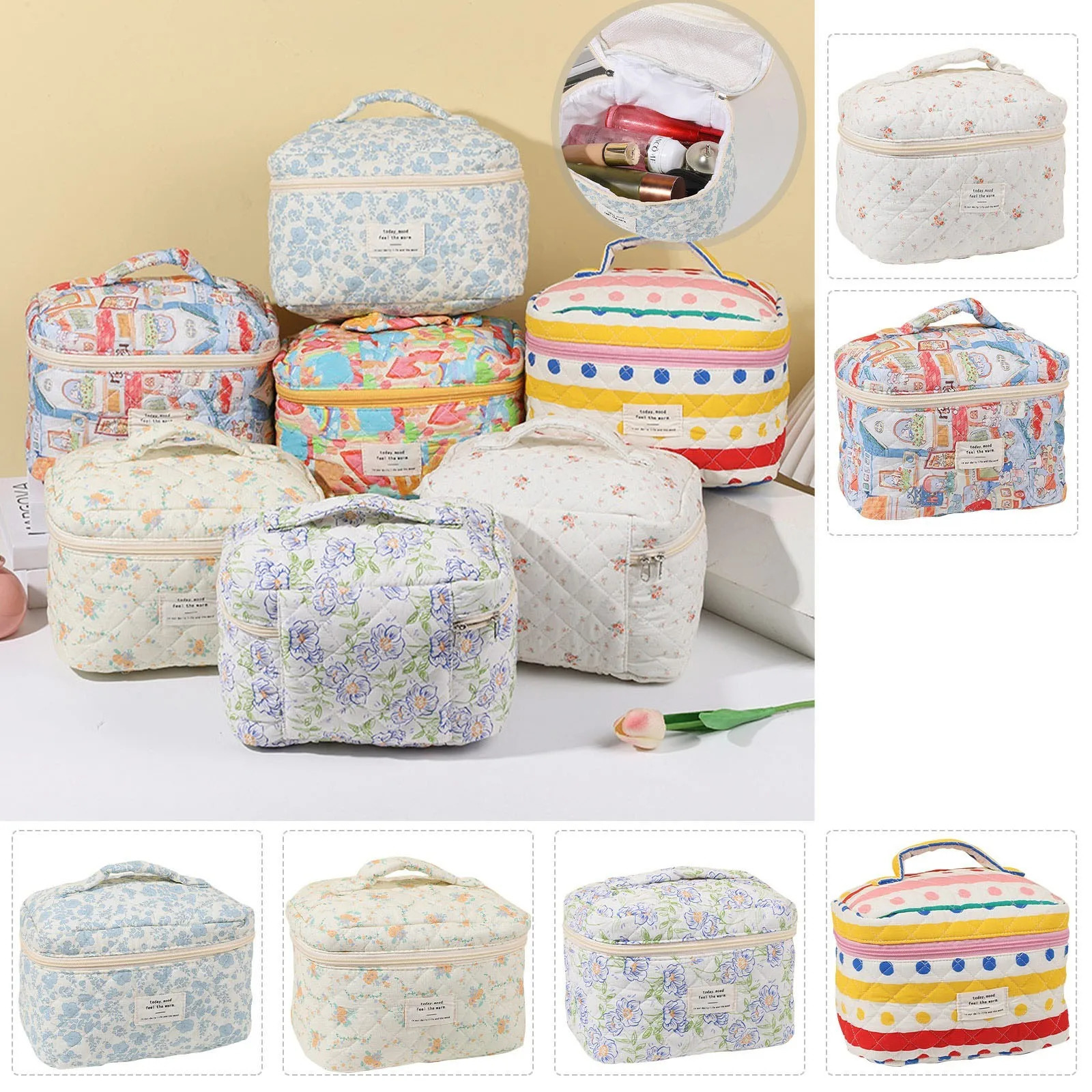 Womens Large Capacity Travel Cosmetic Bag Floral Cotton Toiletries Protable Bag Daily Storage Hand-held Bag 250514