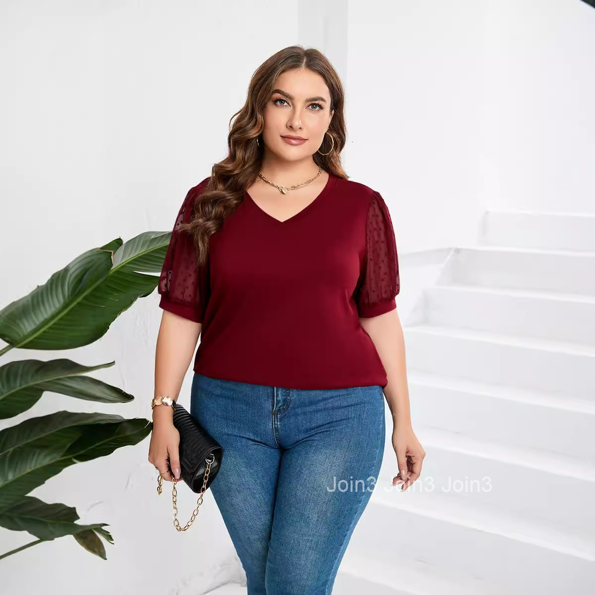 Womens Small Wool Ball Net Gauze Fluffy Short Sleeved Bubble Sleeved V-neck Solid Color T-shirt for Women