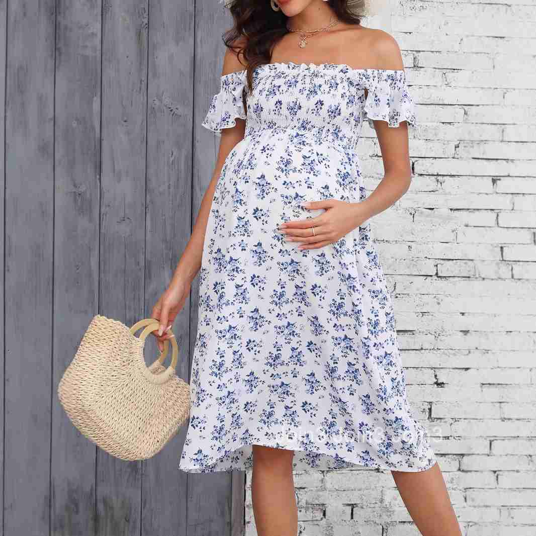 Pregnant Womens New Printed One Shoulder Long Dress