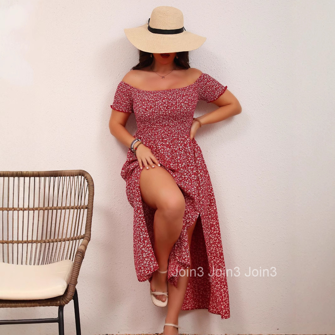 Womens Large Casual Bohemian Print Off Shoulder Herringbone Neck Split Dress Long Small Floral Skirt