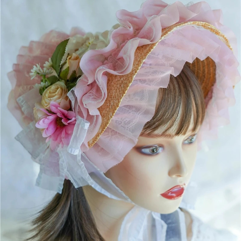 Handmade SunHat Lace Decorated Courtly Style Tea Party for Lolita Women Court Miss Straw Hat SunHat with Ribbon 250516