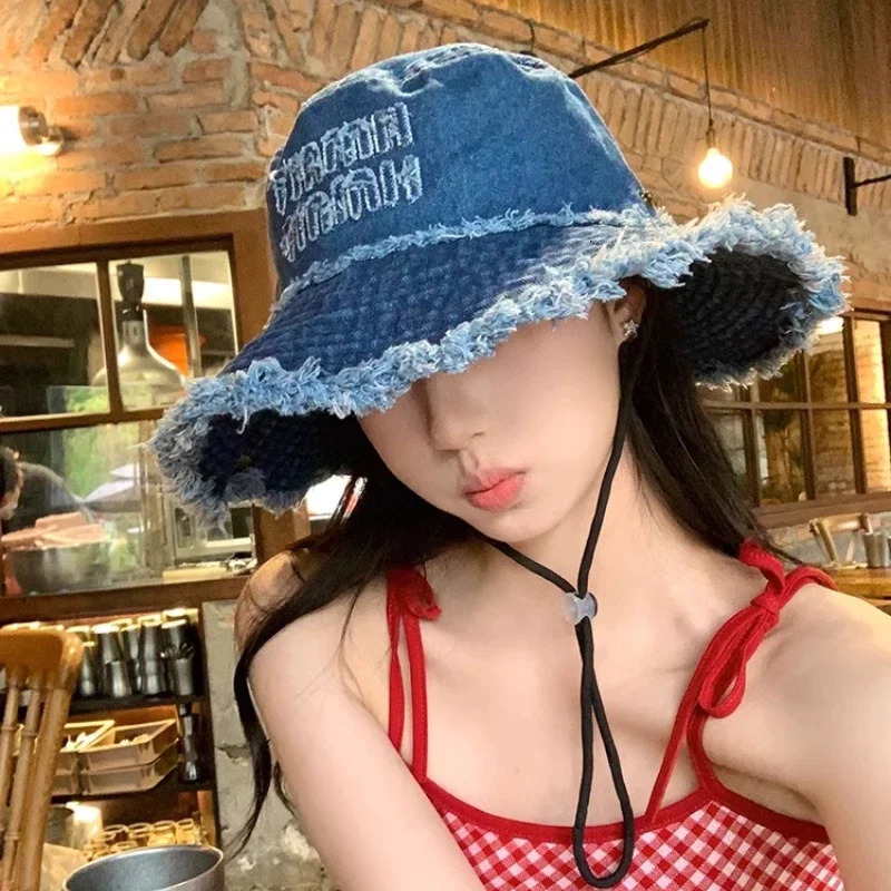 Wholesale Letter Tassel Denim Women Sun Hat Spring Summer Hiking Protection Panama Beach Wide Side Bucket for Men 250517