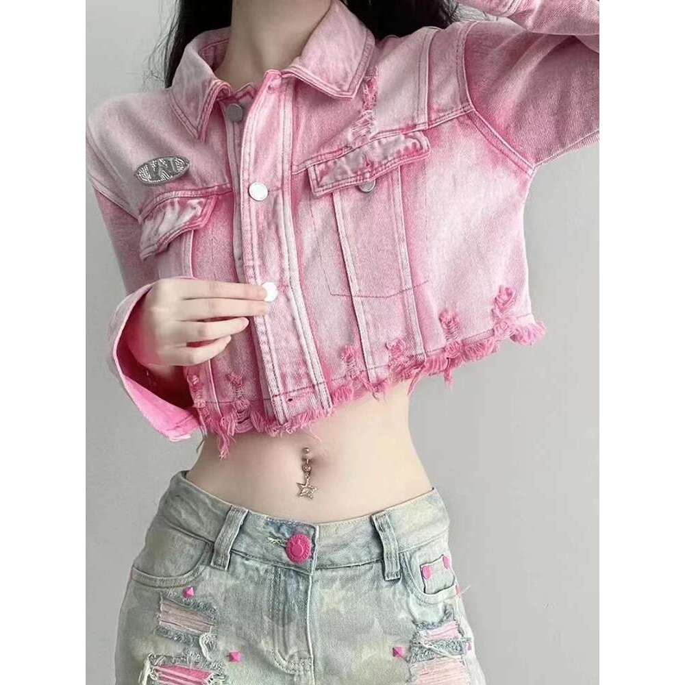 hoodie hoodie hoodie Zoki Sexy Cropped Hole Denim Jackets Women Streetwear Vintage Slim Y2K Jean Coats American Long Sleeve Female Haruku Pink Tops ja