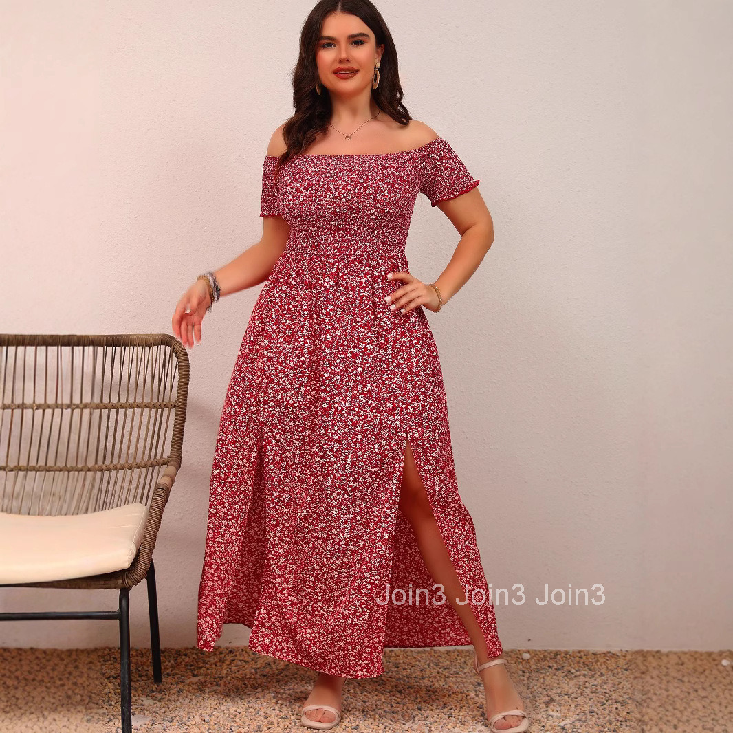 Womens Large Casual Bohemian Print Off Shoulder Herringbone Neck Split Dress Long Small Floral Skirt