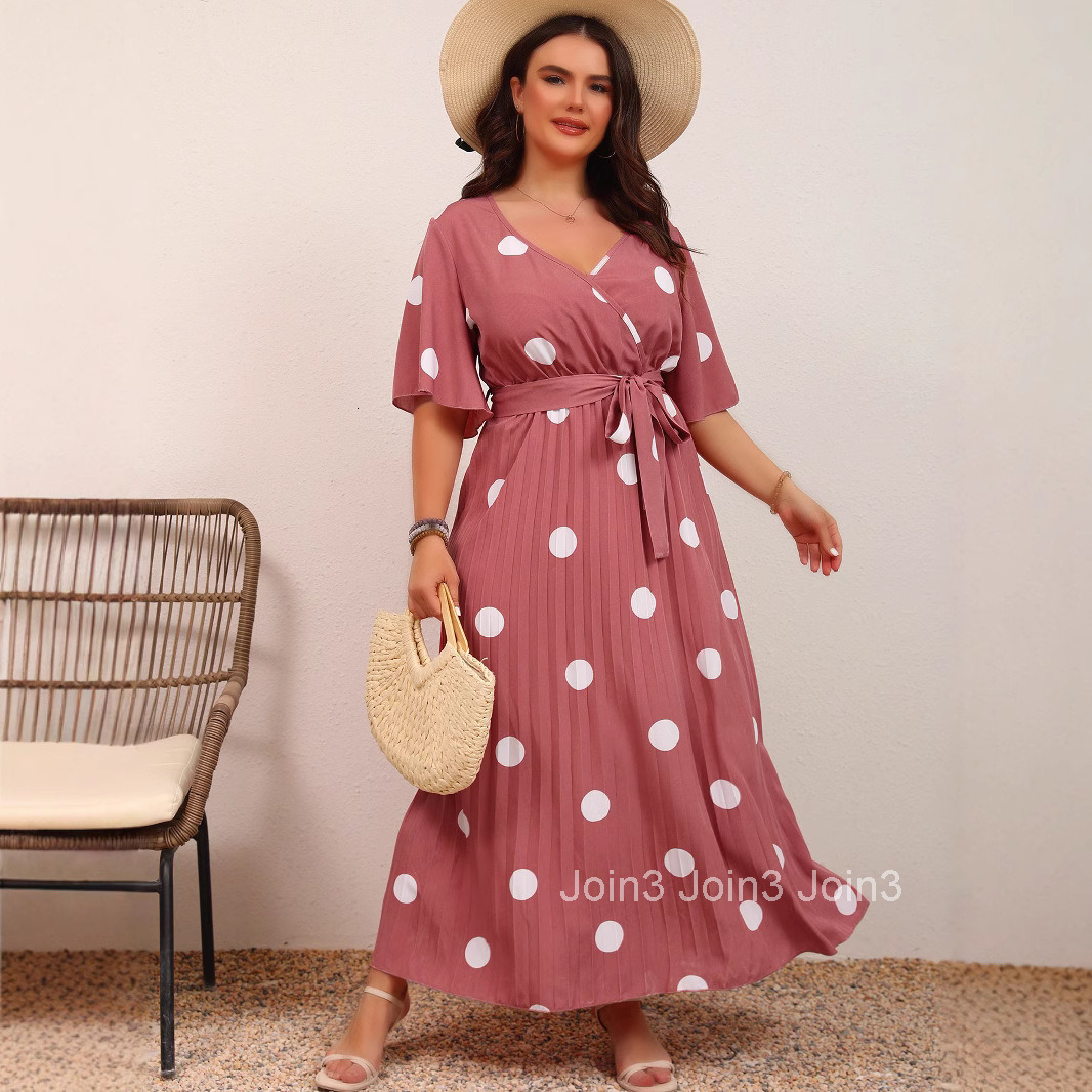 Fashionable Large Polka Dot Print V-neck Lace Up Pleated Long Dress