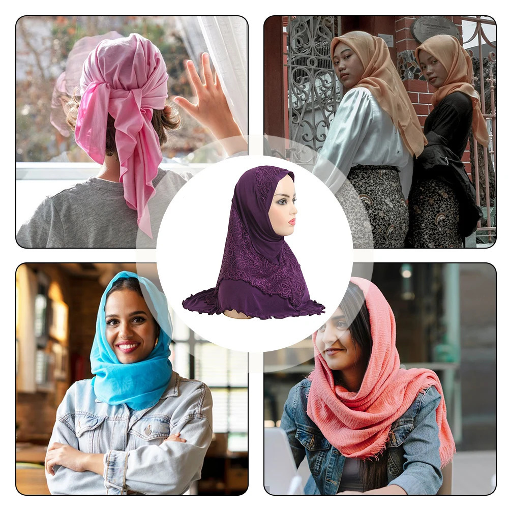Simple Muslims Hijab Cap Lace Stitching Tulle Lightweight Scarf Shawl For Women Girls One Piece Head Wrap Comfy Headwear 250517