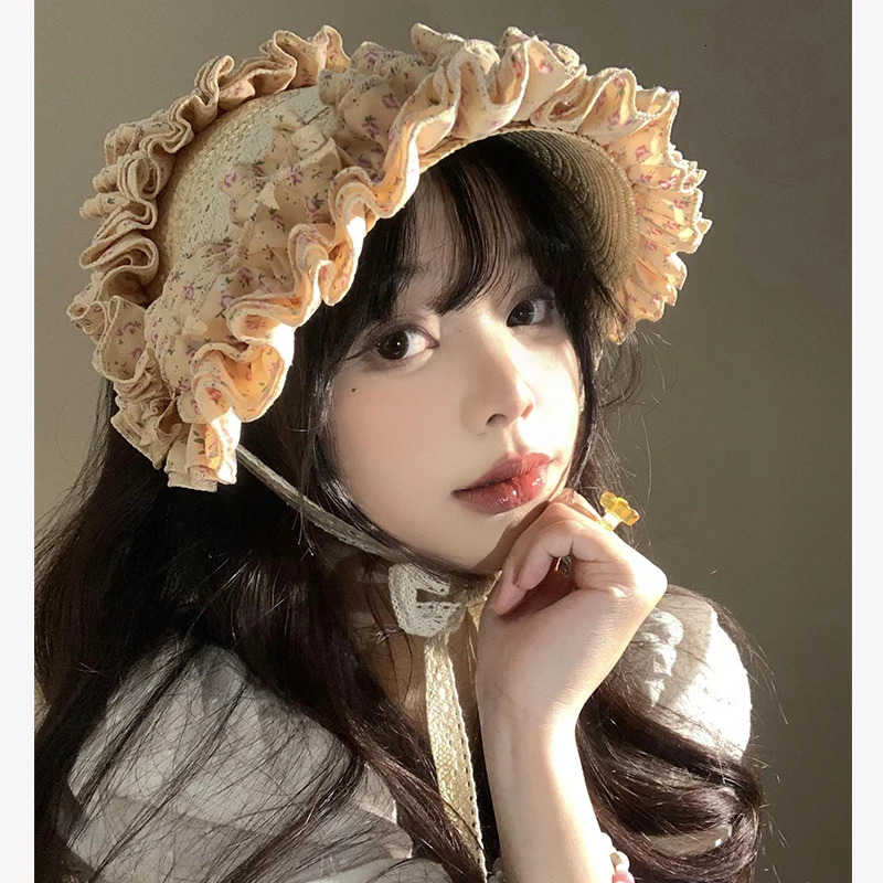 French Retro Lace Floral Woven Straw Caps for Women Summer Seaside Beach Vacation Idyllic Sweet and Cute Strap Sun Hats 250516