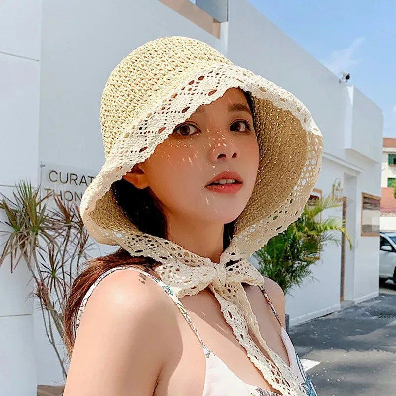 Summer Hats for Women Beach Lace Sun Hat Ribbon Holiday Beach Straw Paper Lady Outdoor Travel Cap Women Bucket Hat Foldable 250516