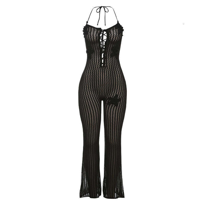 Wide Leg Jumpsuit Spring New Women S Sexy Hollow Perspective High Waist Bareback Hanging Neck Knitted Jumpsuit