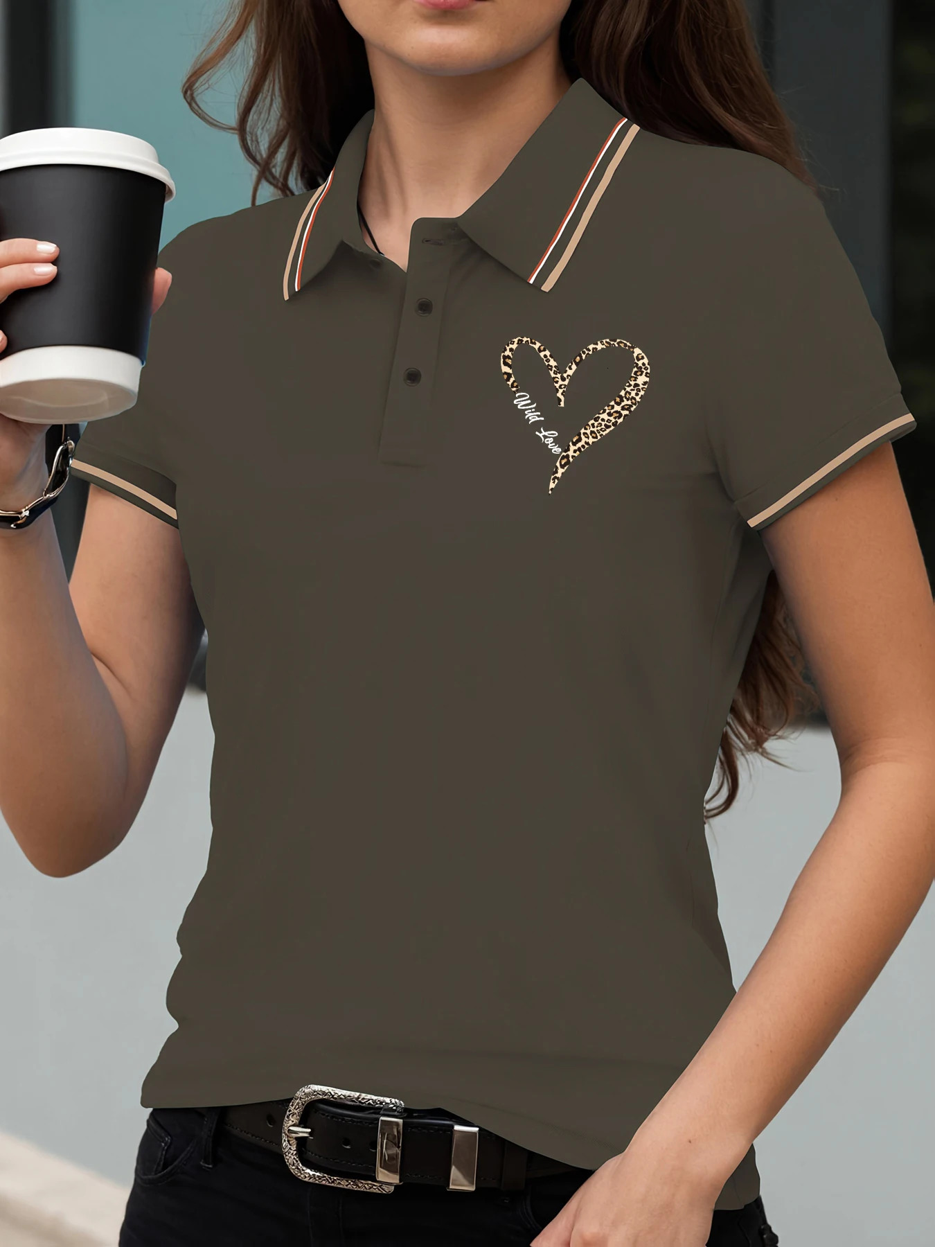 Leopard Wild Heart Pattern Printed Women T Shirt Contrast Comfortable Polo Casual Lapel Clothes Hip Hop Y2K Short Sleeve 250506Z