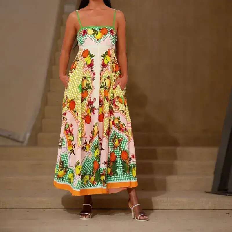 Basic Casual Dresses Elegant Print Colorful Long Dress Women High Waist Straps Backless Sexy Ladies Summer Beach Vaction Robe designer bag