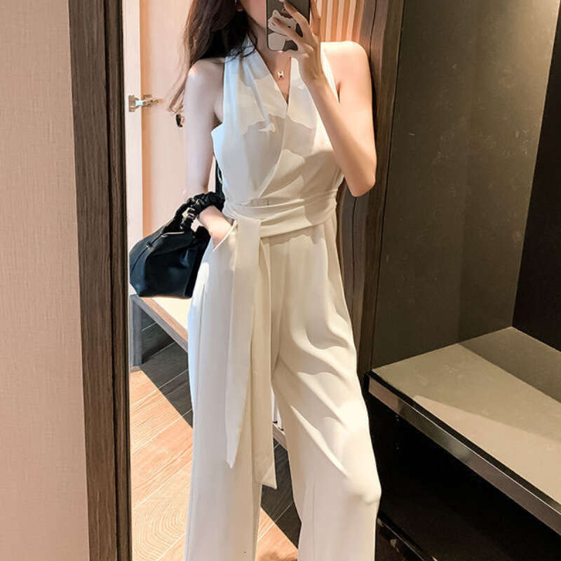 Wide Leg Jumpsuit Hanging Neck Women S Summer New White Suit Wide Leg Pants Deep V Neck Western Style Slim Fit Jumpsuit Trend