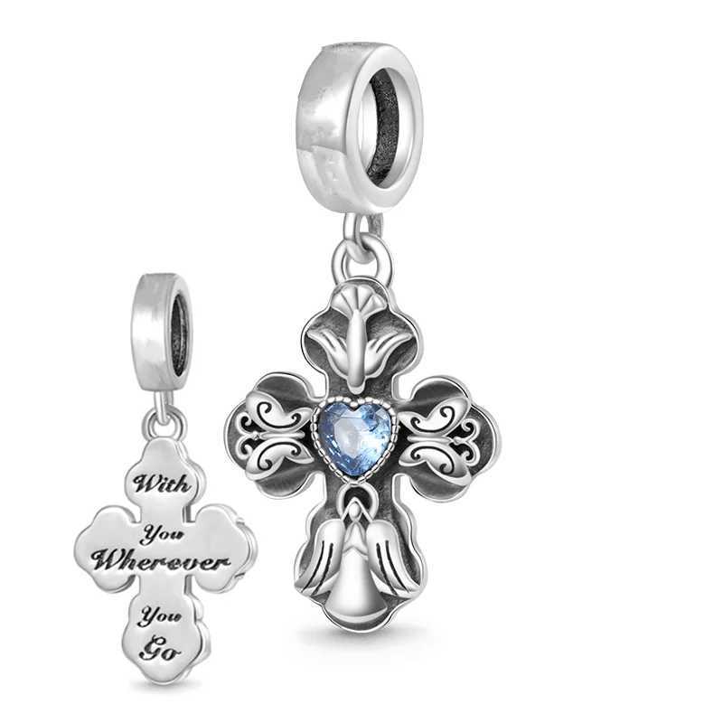 Hot Sparkling Cross Heart Double Dangle Charm Beads Fit Original 925 Sterling Silver Bracelet DIY Fashion Jewelry GiftXJ250517