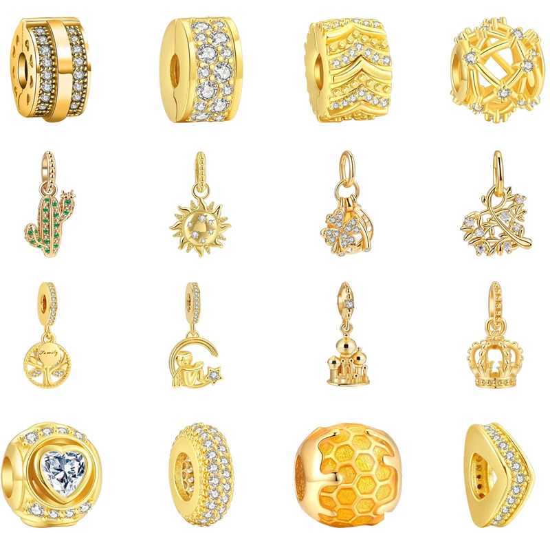 Hot Sale Gold Family Tree Cactus Castle Sun Sparkling Clip Charm Beads Fit Original 925 Silver Bracelet DIY Women Jewelry GiftsXJ250517
