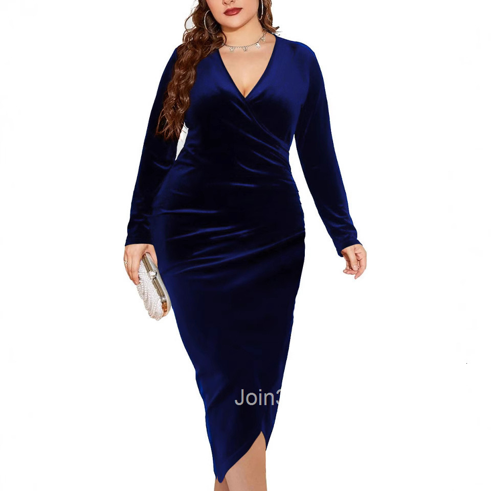Large Long Sleeve Velvet Tight Dress Sexy Pleated Wrap Deep V-neck Party Cocktail Dress