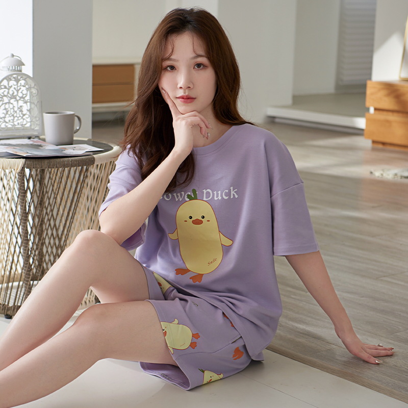 B885-Pure cotton sleeping women's summer short-sleeved shorts and long pants cute three-piece suit