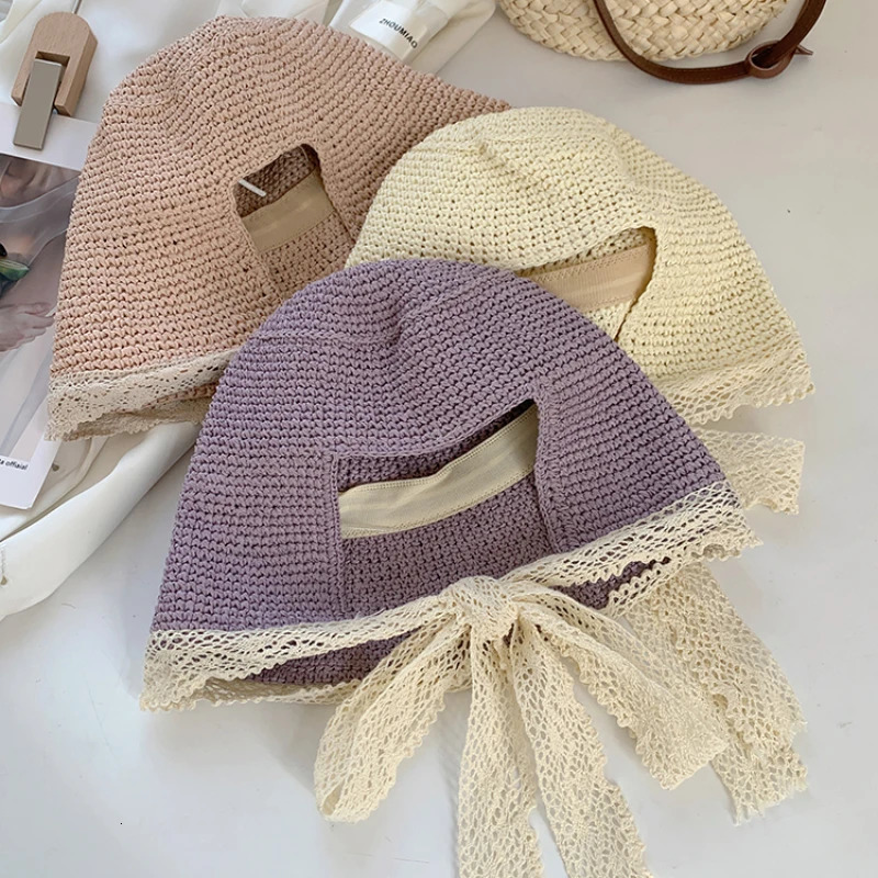 Ins Gentle Purple Lace Strap Straw Hats for Women Summer Travel Versatile Japanese Retro Fresh Sun Protection Beach Bucket Caps 250516