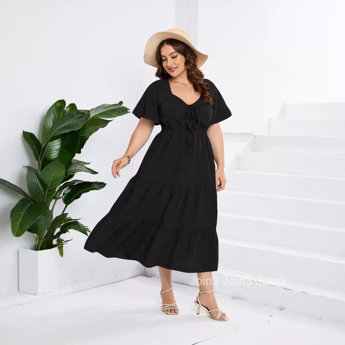 V-neck High Waist Dress Long Short Sleeve Large Size Dress