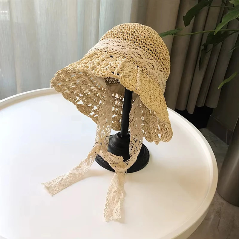 Womens Summer Crochet Straw Bucket Hat - Hollow Out Lace-Up n UV Protection Foldable Sun Cap for Beach Outdoor Fashion 250516