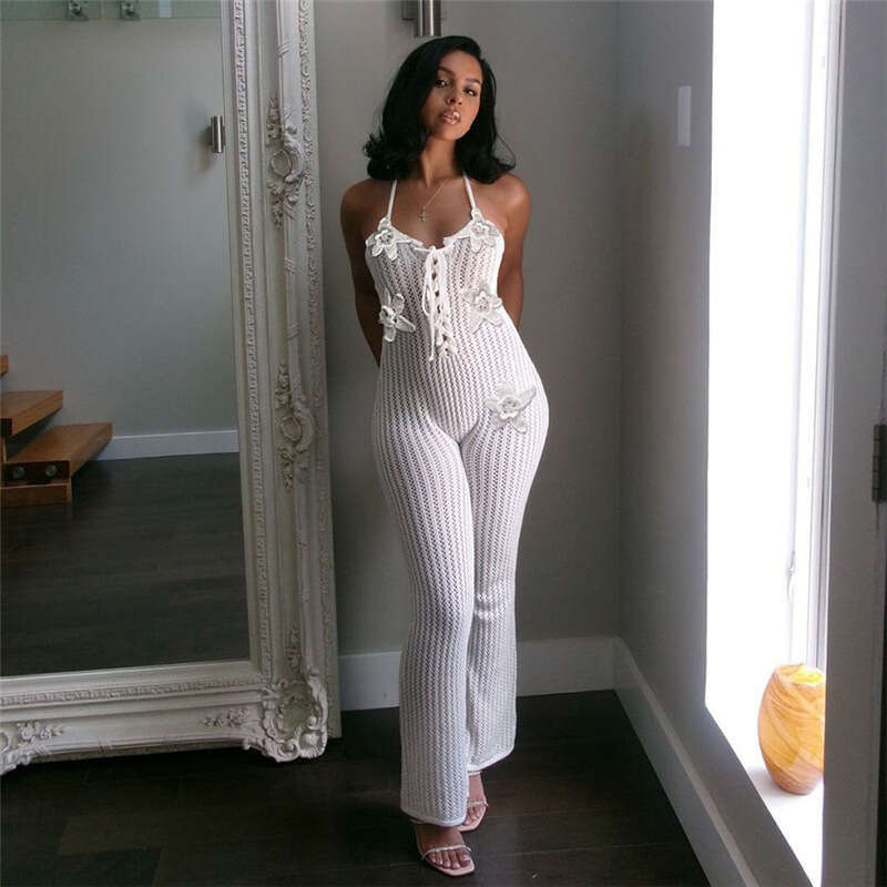 Wide Leg Jumpsuit Spring New Women S Sexy Hollow Perspective High Waist Bareback Hanging Neck Knitted Jumpsuit