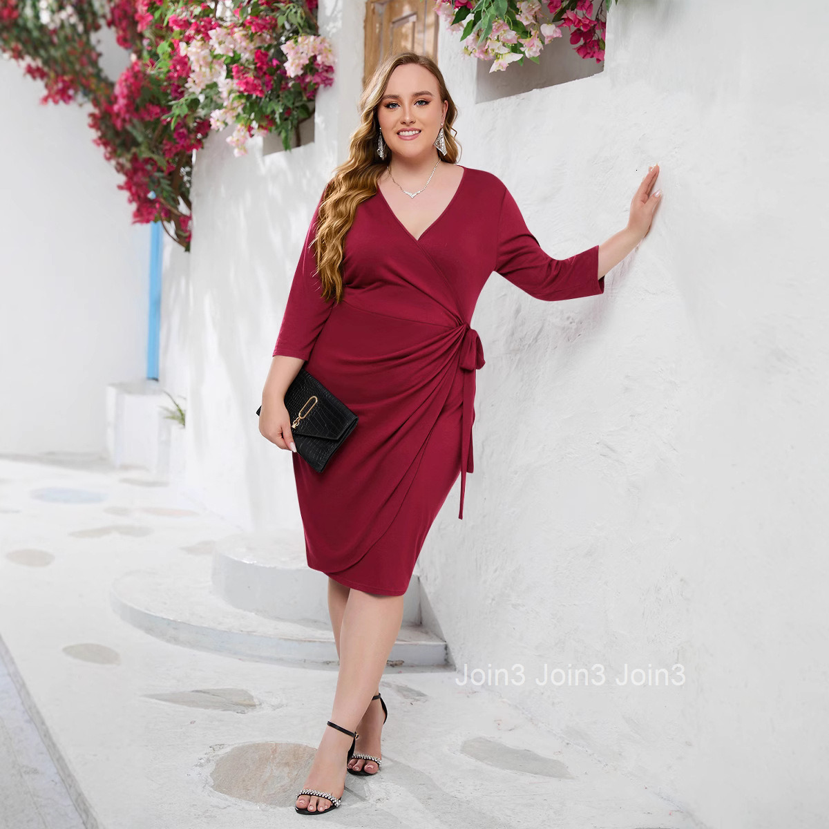 Large Womens Wear Large Solid Leisure Holiday Dress Strap Vacation V-neck Mid Length Dress