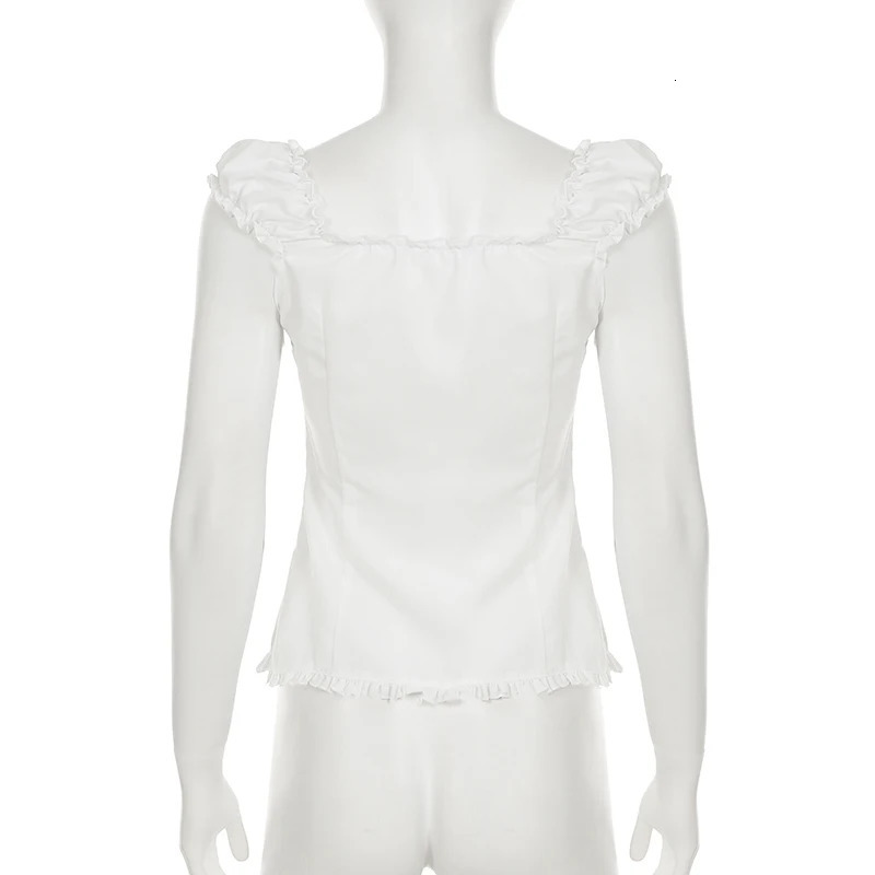 Darlingaga Korean Fashion Edible Tree Fungus Edge Shirts Womens Skinny With Botton Puff Sleeve Blouse Summer Cutecore Tops 250516