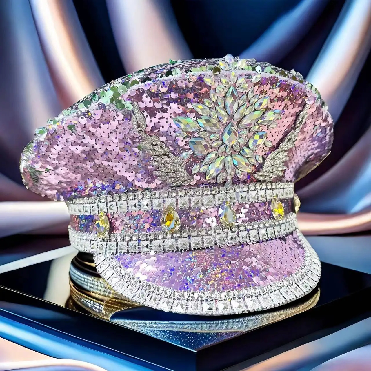 HongLuan BluePurple Bling Steampunk Captain Hat Rhinestones for Woman Burning Man Military Assessories Hats 250517