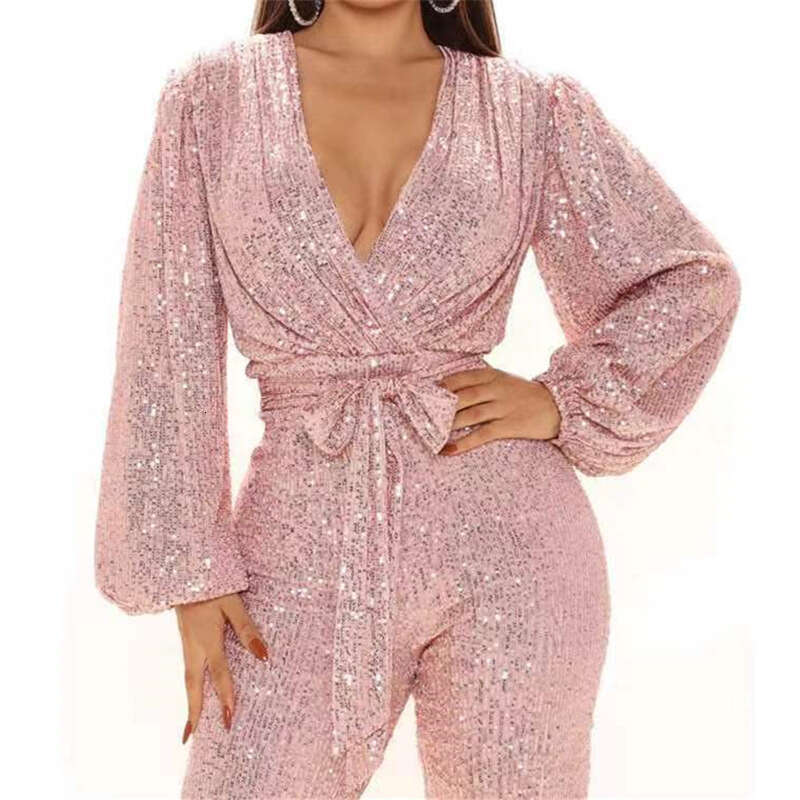 Wide Leg Jumpsuit Women S Autumn And Winter Fashion Temperament Sequin Jumpsuit Sexy V Neck Wide Leg Pants