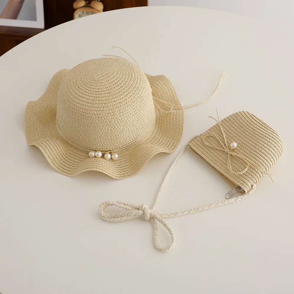 Summer Freshness Pearl Straw Hat Set For Princess Girls Outdoor Traval Holiday Beach Sunscreen Sun Hats And Bag Panama 250517