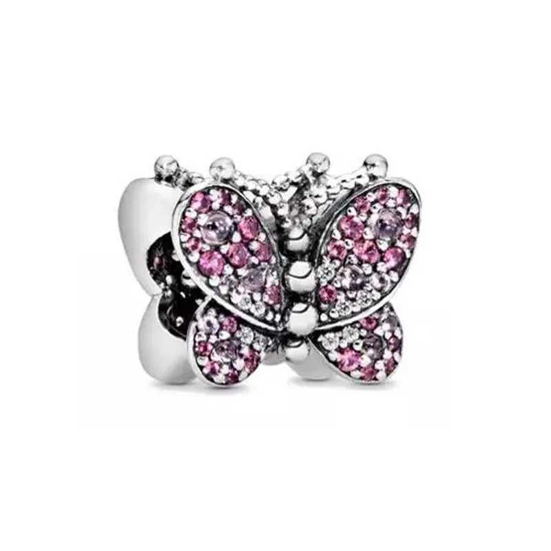 New Spring Series Pink Butterfly low Cherry Pendant Bead 925 Sterling Silver Plated Fit Necklace Charm DIY Jewelry BraceletXJ250517