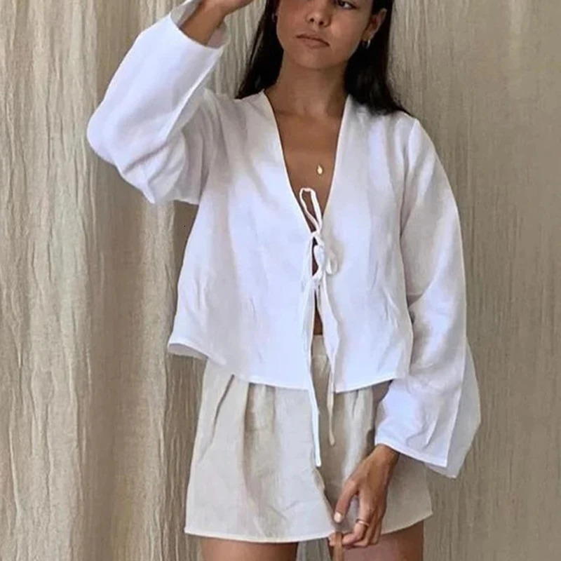 C. S Cotton Linen Lace Up Bow Shirts Women Loose Hollow Out V Neck Long Sleeve Tops Female Spring Streetwear Top 250517