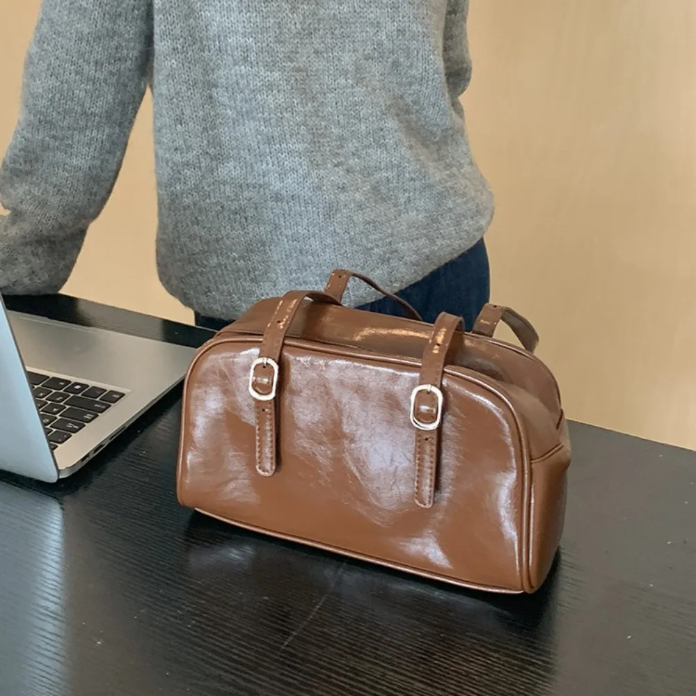 Trendy PU Leather Boston Bag Retro Casual Shoulder Bag Korean Style Tote Underarm Bag Lady 250515