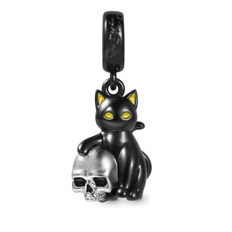 Sparkling Black Cats Skull Pendant Sterry Skull Charm Beads Fit Original European 925 Silver Bracelet DIY Women JewelryXJ250517